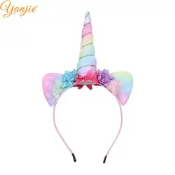 2024 New Arrival Waffle Unicorn Headband Rainbow Fabric Horse Horn Ears Flower Headband DIY Girls Hair Accessories Hairband