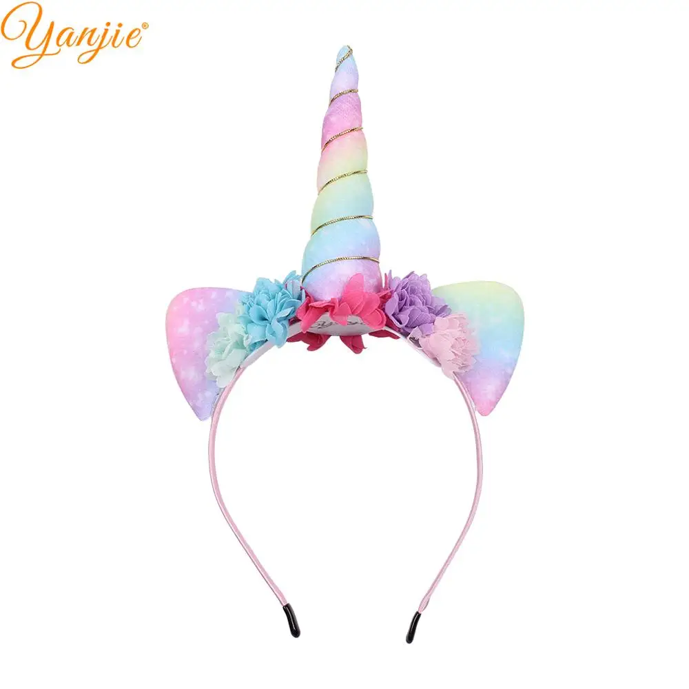 2024 New Arrival Waffle Unicorn Headband Rainbow Fabric Horse Horn Ears Flower Headband DIY Girls Hair Accessories Hairband