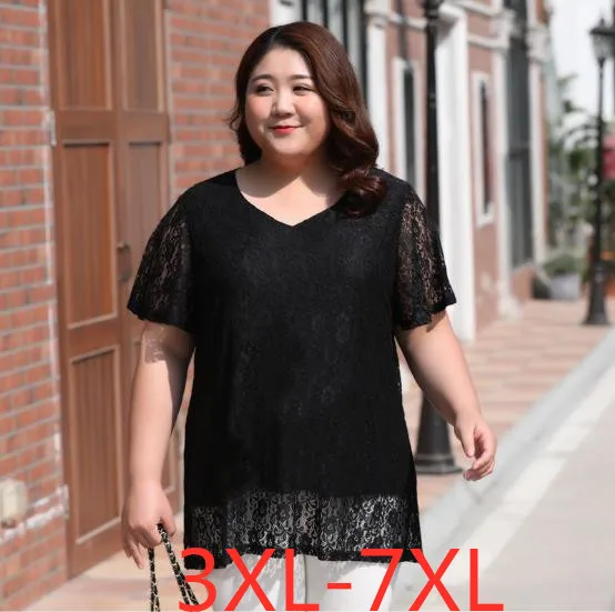 

New Summer Plus Size Women Clothing Tops For Women Loose Lace V Neck Short Sleeve Top T Shirt Wowan Large Size T-shirts 7XL