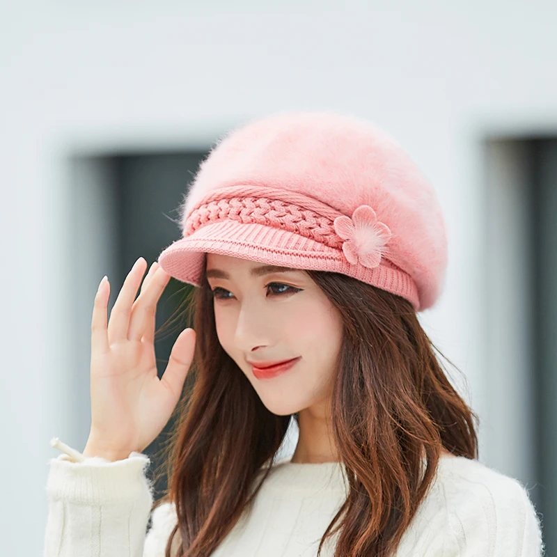 New Women Rabbit Fur Knitted Berets Hats Casual Solid Color Autumn Winter Hat Female Bonnet Caps Boina Feminino