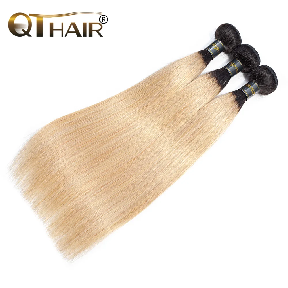 Qthair Ombre Manusia Rambut Lurus Menenun 3 Bundel Gelap Akar T1B/27 Ombre Rambut Pirang Malaysia Rambut Manusia Tidak remy