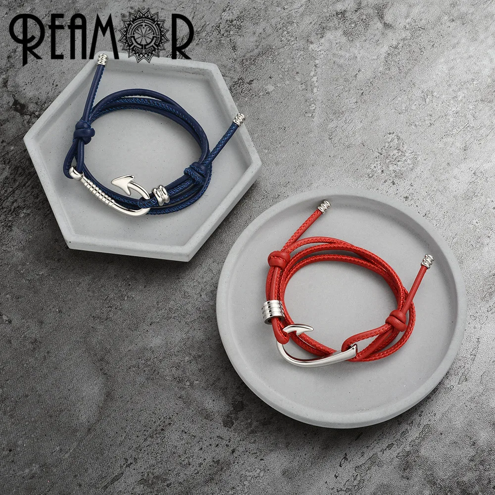 REAMOR 316L Stainless Steel Fishing Hook Male Charms Bangles Adjustable Multiple Layers 2 mm Leather Rope Trendy Women Bracelet