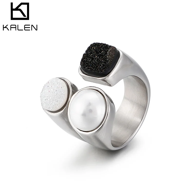 KALEN Unique Rings For Women Color Stainless Steel & Shell Pearl Round Square Rings Anillos Mujer Jewelry Wedding Bands Gifts