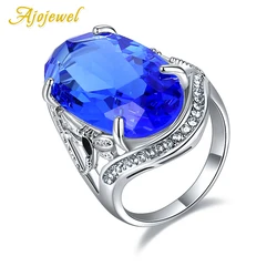 Ajojewel Big Blue Crystal Dragonfly Rings For Women Silver-color Insect Statement Jewelry Elegant Gift