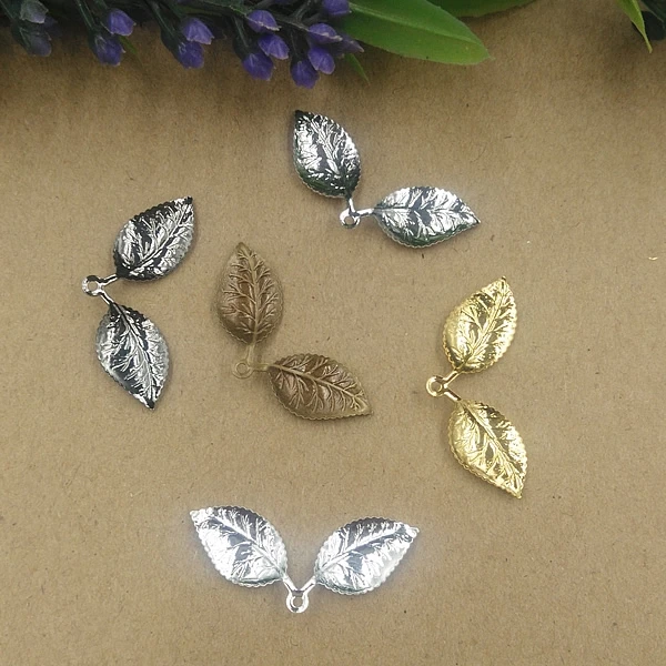 100Pcs 13*32MM 7 Colors Vintage double Leaf Charms Wholesale Filigree Brass Material DIY Jewelry findings Pendant Charms