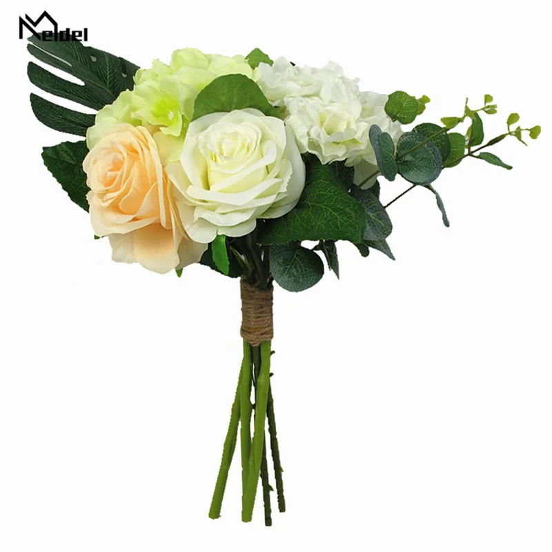 Meldel-ramo de hortensia rosa para dama de honor, flor de seda Artificial, hojas de palma Tropical, suministros de boda para el hogar