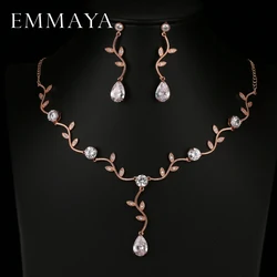 EMMAYA Rose Gold Color Zircon Crystal Bridal Jewelry Sets Leaf Shape Choker Necklace Earrings Wedding Ornament for Women