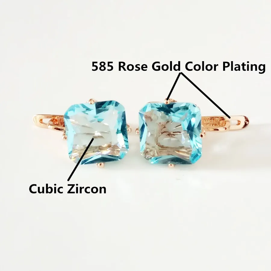 Luxury Earring 585 Rose Gold Color Jewelry Light Blue Cubic Zircon Earring Designs for Women  Fashion OL Earring