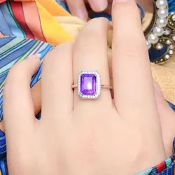 CoLife Jewelry Silver Amethyst Ring for Office Woman Natural Emerald Cut Amethyst Silver Ring Sterling Silver Amethyst Jewelry