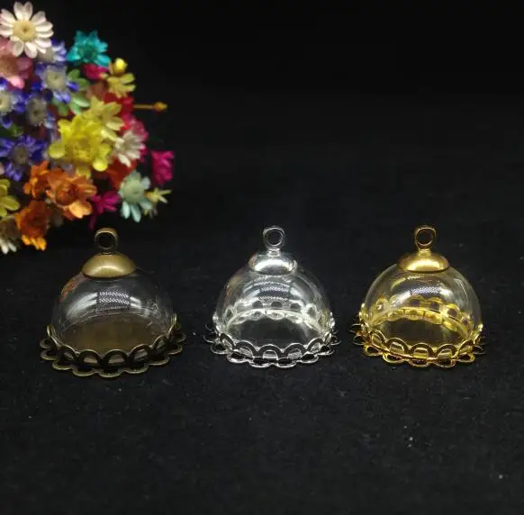 50pcs 18mm Transparent half round bottle ball glass dome cover vial pendant double lace tray cap setting necklace DIY glass vase