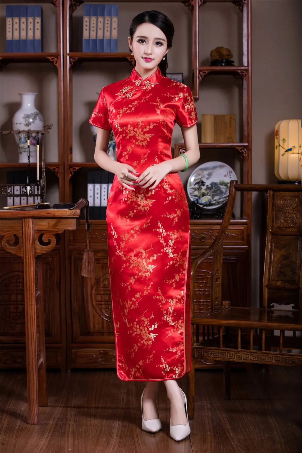 

Shanghai Story chinese traditional dress Long Qipao Dresses chinese Floral cheongsam dress Oriental Style Dress 3 Color