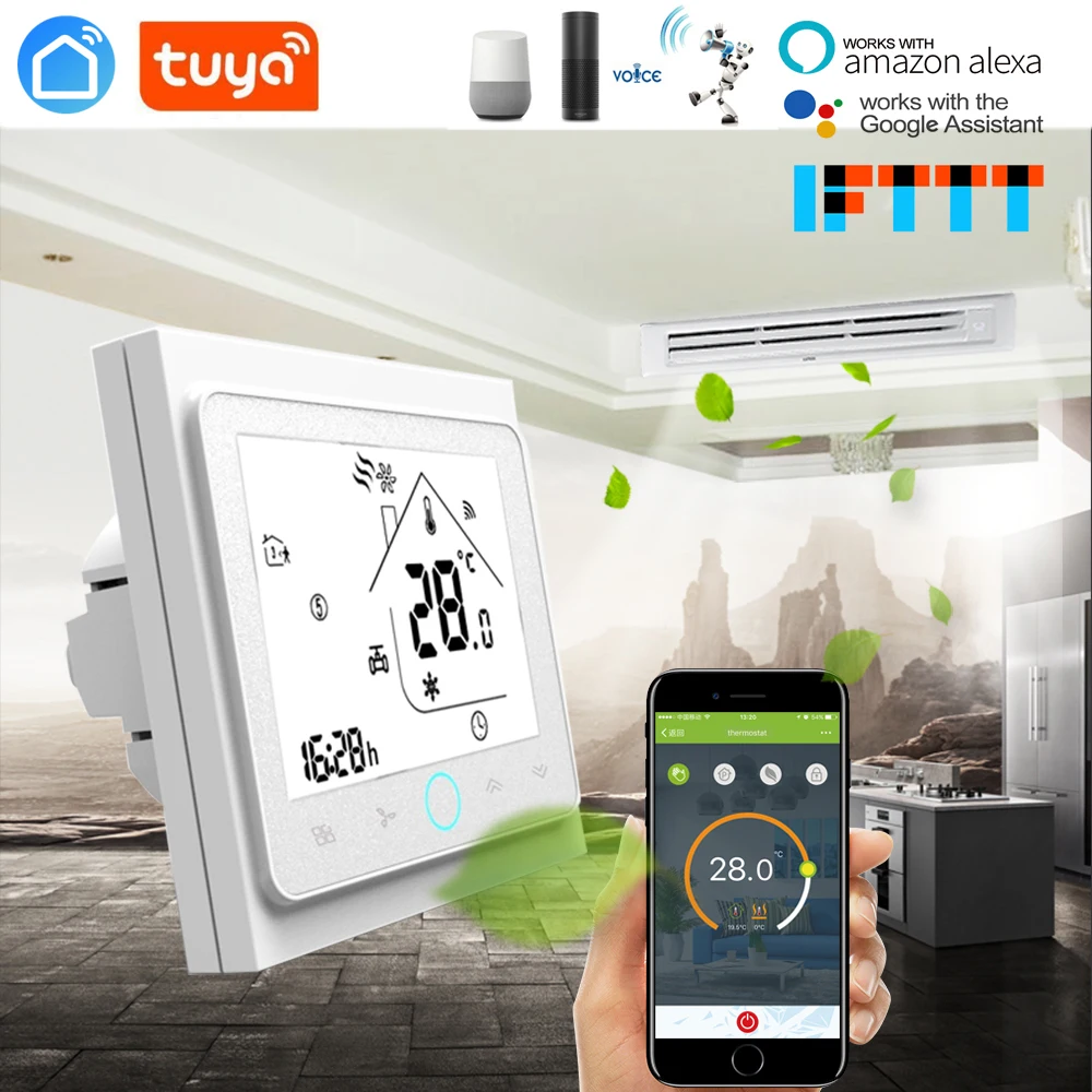 

Tuya-Programmable WiFi Central Air Conditioner Thermostat, Temperature Controller Unit, Work with Yandex, 2 Pipe, 4 Pipe Fan Coi