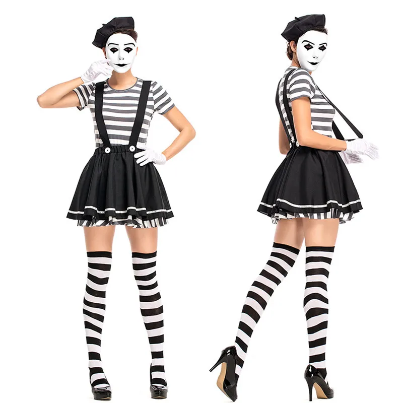 

Female Prisoner Cosplay Women Halloween Acrobatic Clown Costumes Criminal Carnival Purim Nightclub Bar Role Playing Party Dress