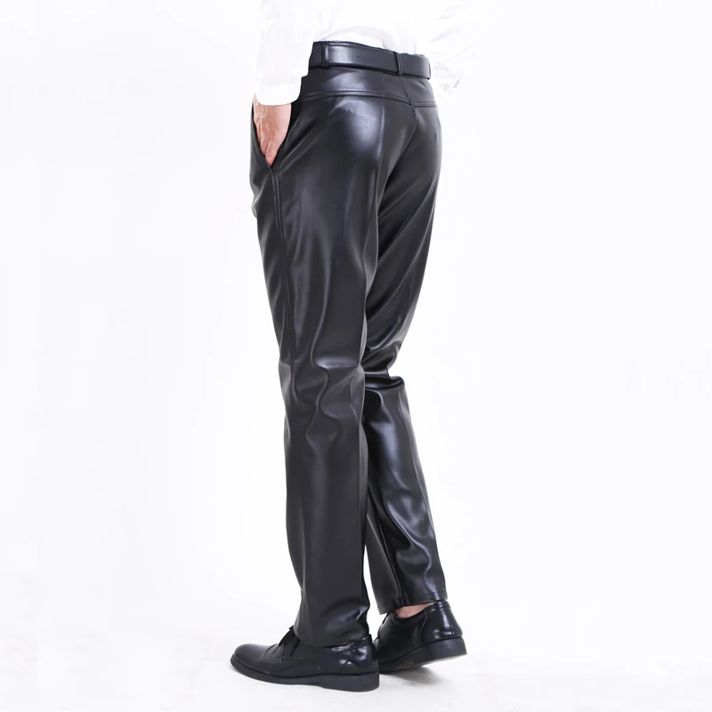 Thoshine Brand Men Leather Pants Straight Moto & Biker Trousers Male PU Faux Leather Trousers Casual Pants