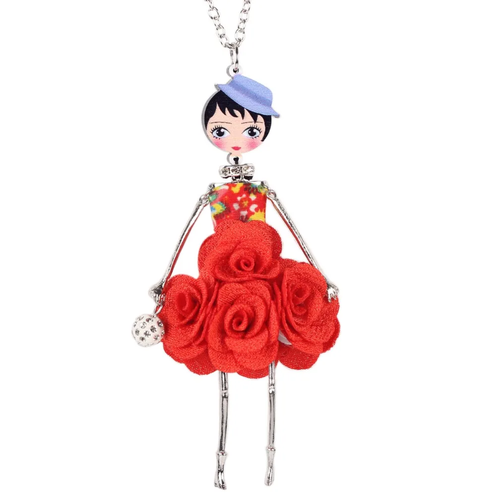 Bonsny Statement Flower Doll Necklace Dress Handmade French Doll Pendant News Alloy Girl Women Flower Fashion Jewelry Gift