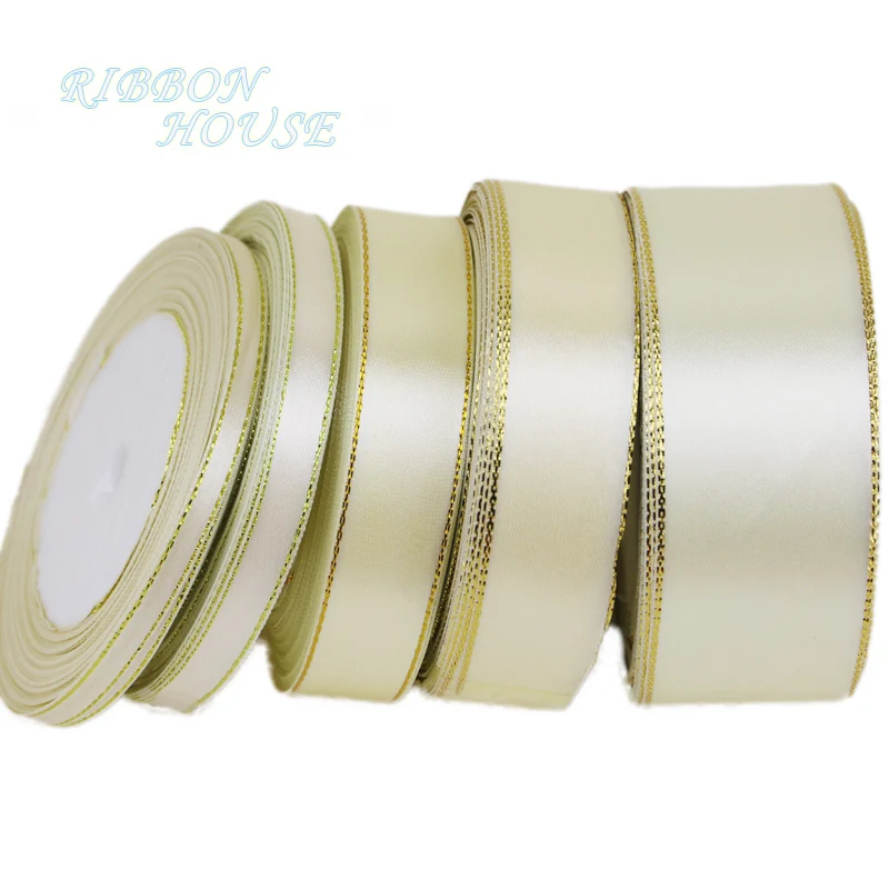 (25 yards/roll) Gold edge ribbon satin ribbons high quality gift packaging ribbons 6/10/20/25/40mm