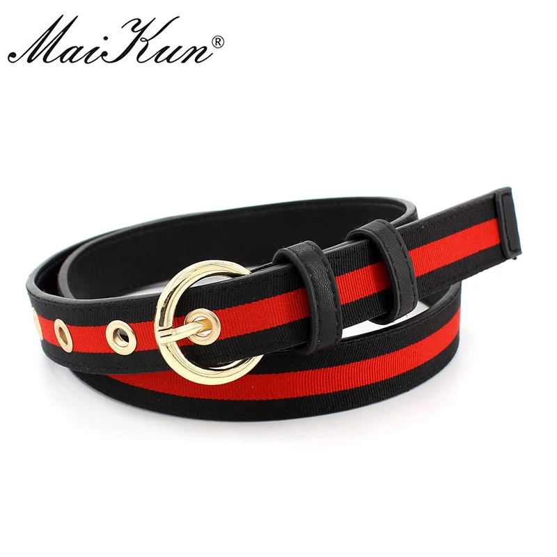 MaiKun Belts for Women Pin Buckle PU Leather Thin Women Belt Stripe Canvas Waistband for Pants Skirt