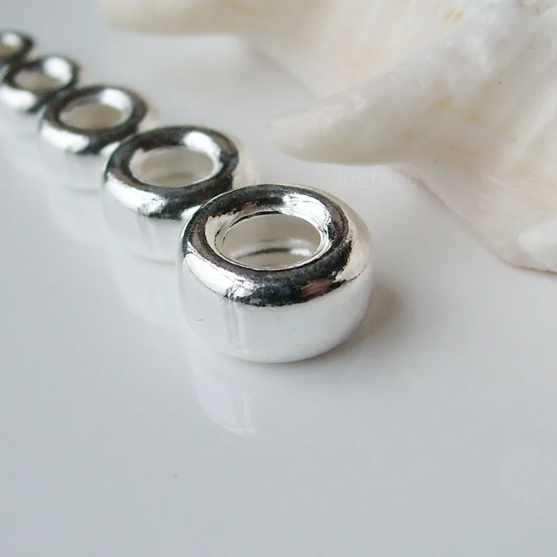 Solidne koraliki ze srebra próby 925 Rondelle/roundel Spacer Loose Bead Finding do biżuterii DIY, 1 szt.