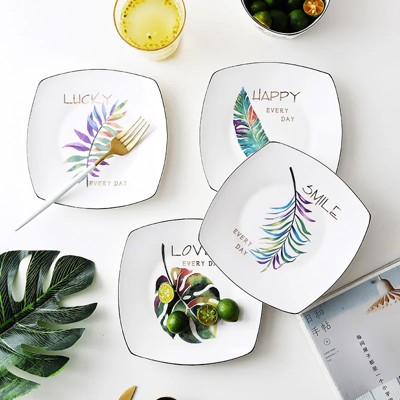 4Pc Green Plants Ceramic Dinner Plate Tableware Dessert Cake Snacks Dish Western Food Beef Steak Plate Dinner Set plate