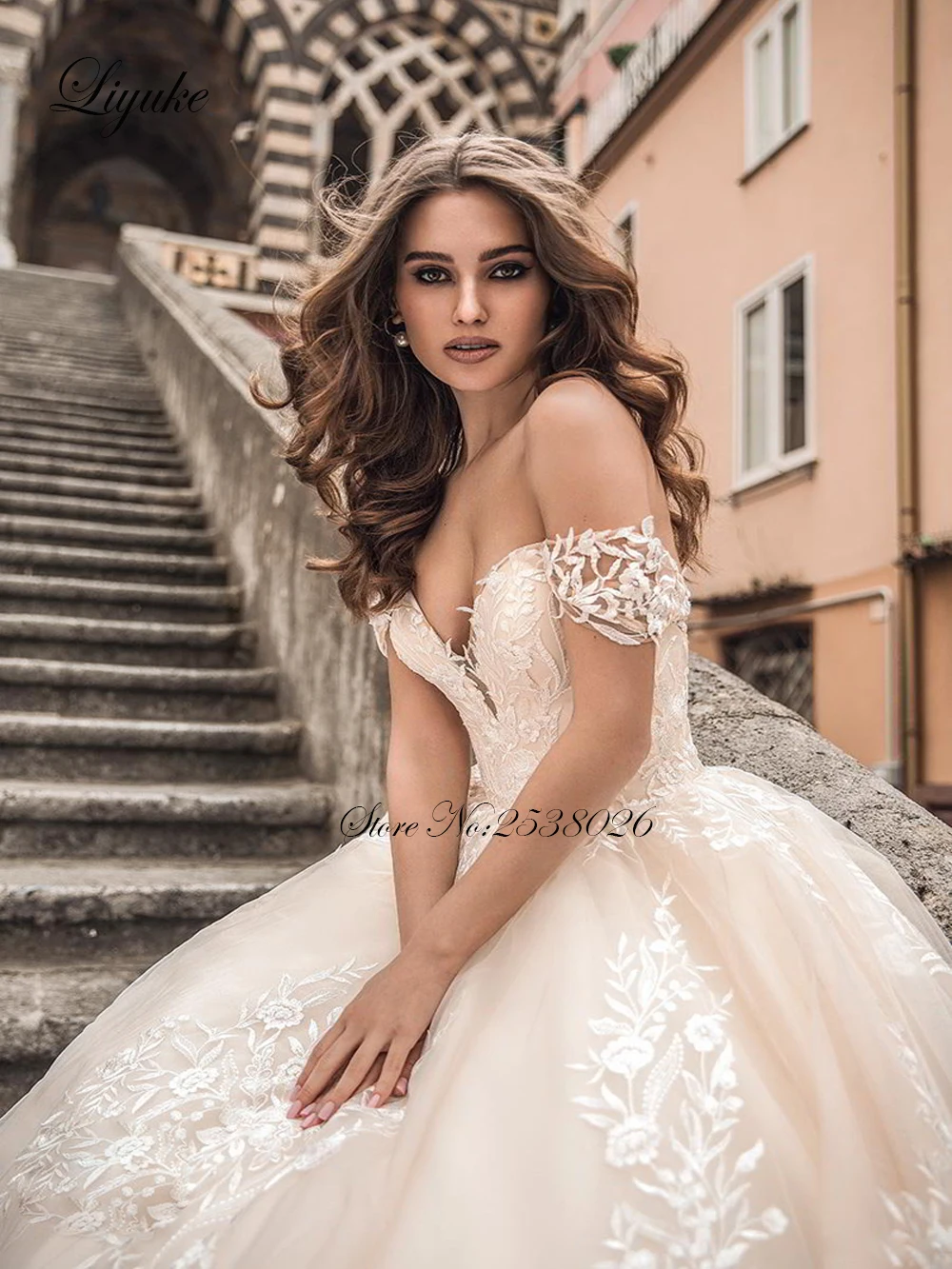 Liyuke Off The Shoulder A Line Wedding Dress With Champagne Tulle Lace Up Wedding Gown