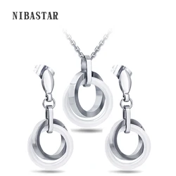 Double Circle White Ceramic Pendant & Earring Jewelry Set For Women With Stainless Steel Chain Women Jewelry