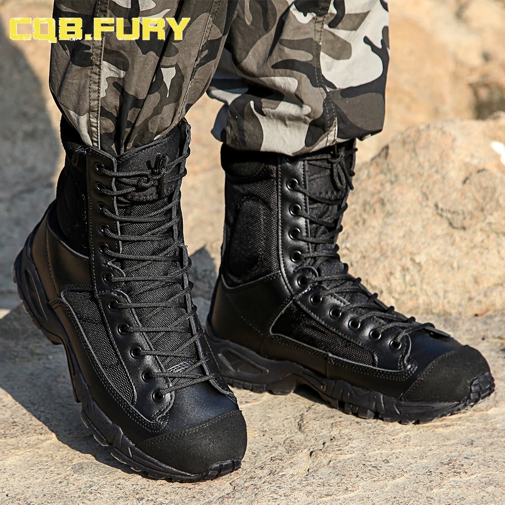 CQB.FURY Mens Leather Tactical Boots ankle strap black Leather Boots comfortable Breathable size 38-46 ZD-Airborne