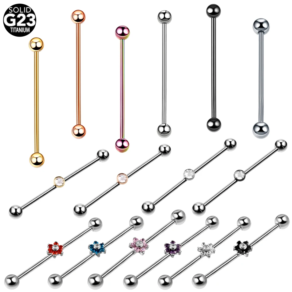 

1PC Titanium Piercing Gem Industrial Barbell Earrings Crystal Flower Long Bar Cartilage Ear Scaffold Tragus Piercing Jewelry 14G