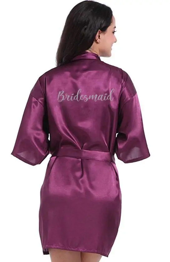 new purple robe silver writing mother of the groom robes wedding Short Bride kimono bridesmaid satin robe drop shipping