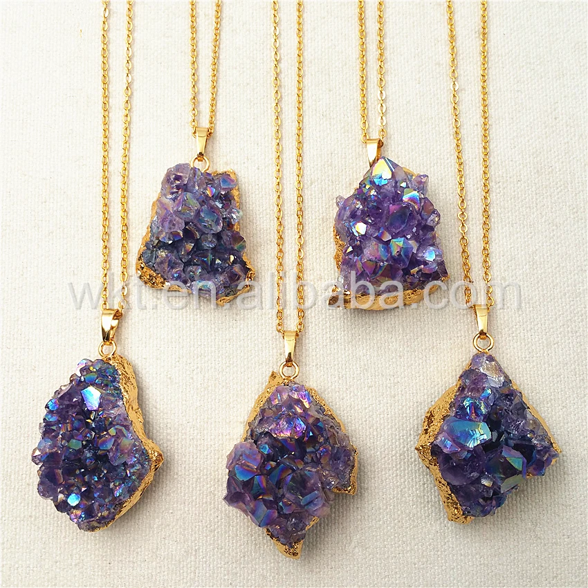 

WT-N832 Newest Amazing Sparkly Aura stone necklace, Aura angel raw purple crystal pendant necklace with gold trim