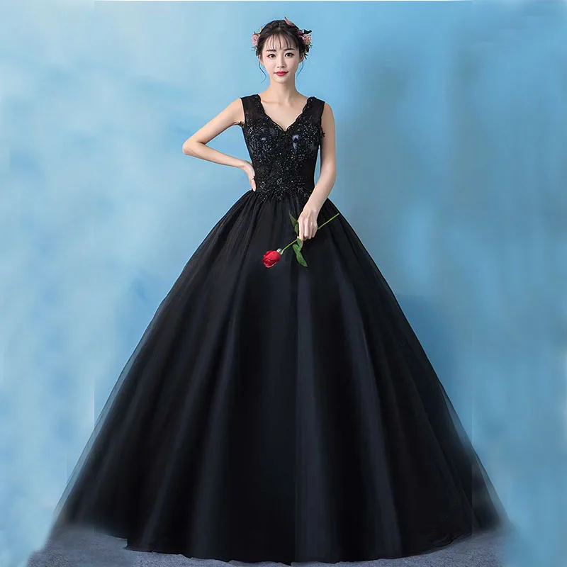 สินค้าใหม่ V-Neck Appliques ลูกปัดสีดำ Quinceanera ชุด 2019 Puffy Ball Gown ชุดราตรีสต็อก vestidos de quinceanera