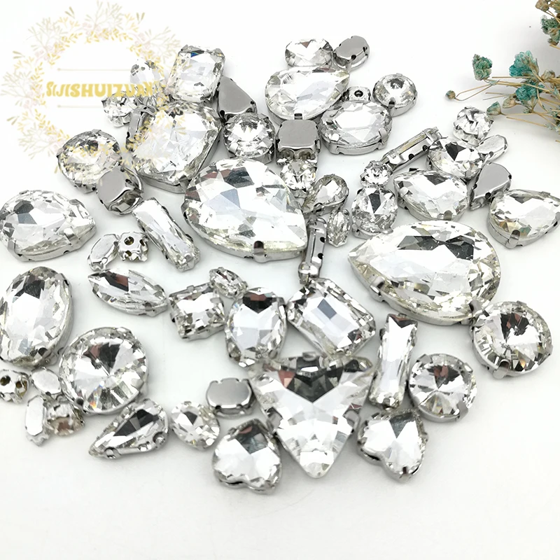 58pcs 10shapes 25sizes Mix White shape and sizes Glass Crystal rhinestones silvery bottom DIY Clothing accessories