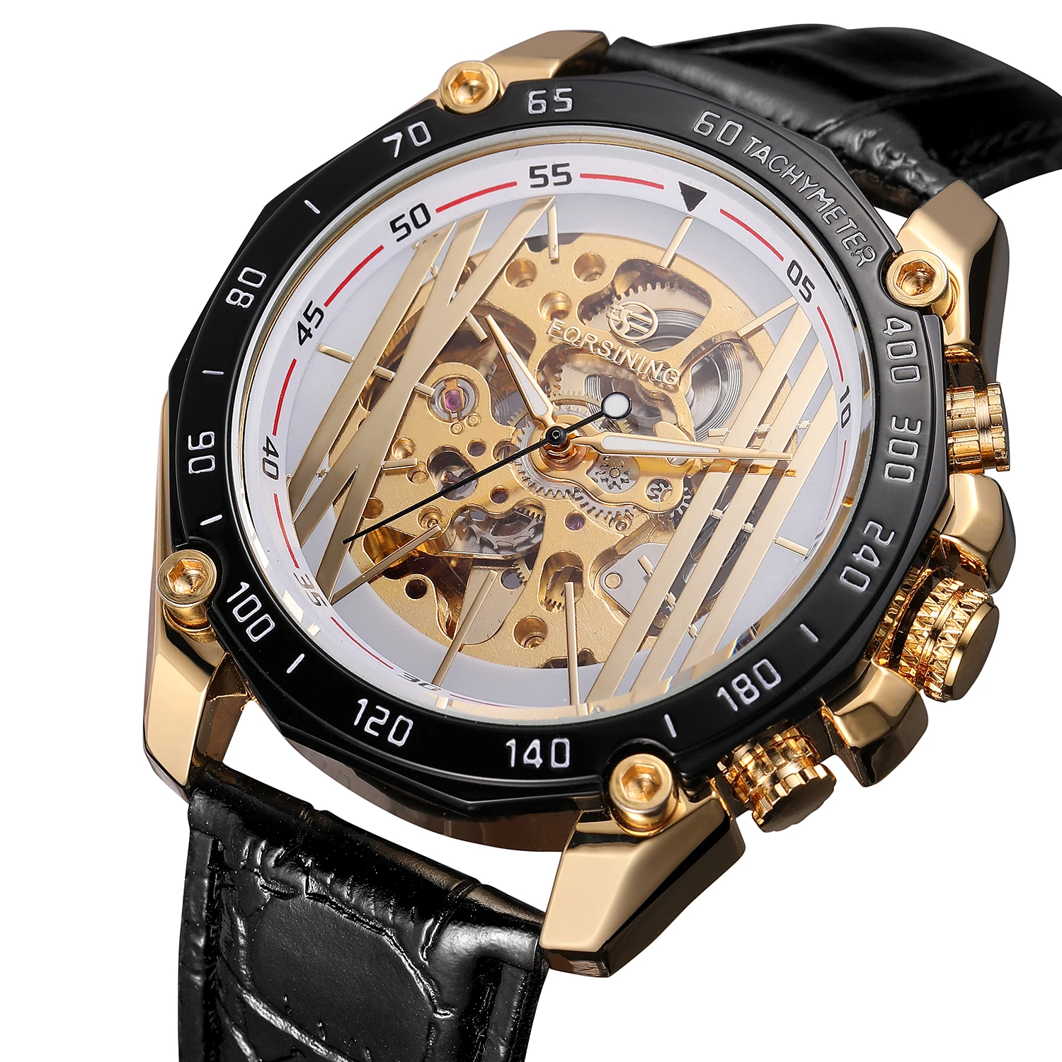 FORSINING WATCH Creative surface white and gold carved Arabic numerals dial strap golden men's mechanical watch