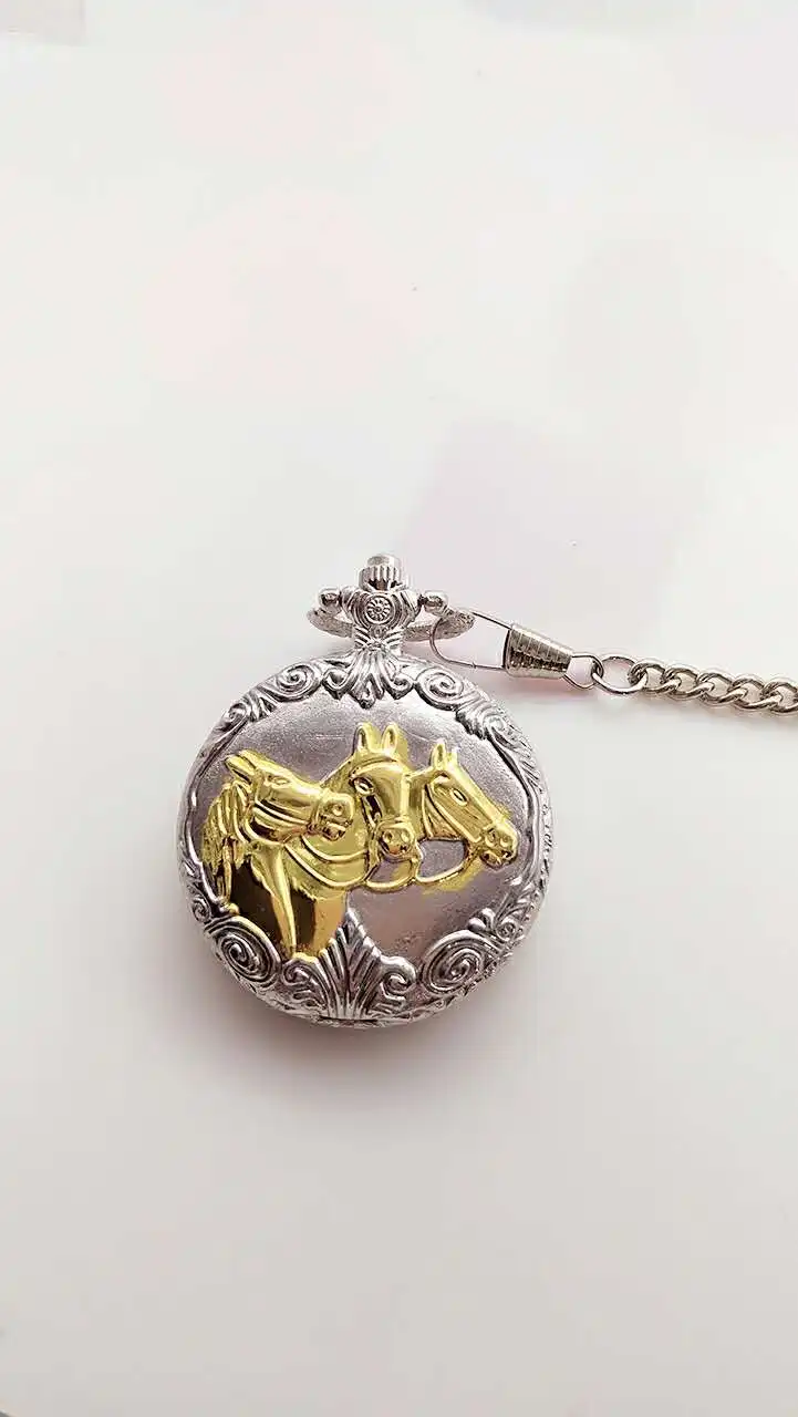 Gold silver horse antique quartz men and woman cowboy chain pocket watches gift