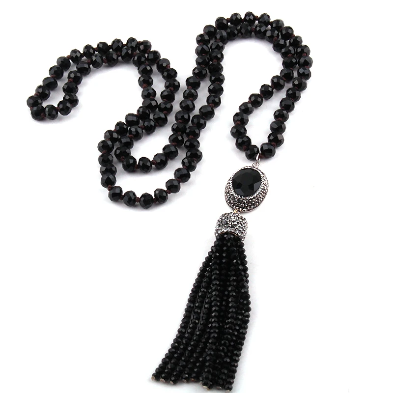 Fashion Bohemian Jewelry Glass Knotted Crystal Handmake Paved Link Tassel Necklace For Women Ethnic Necklace