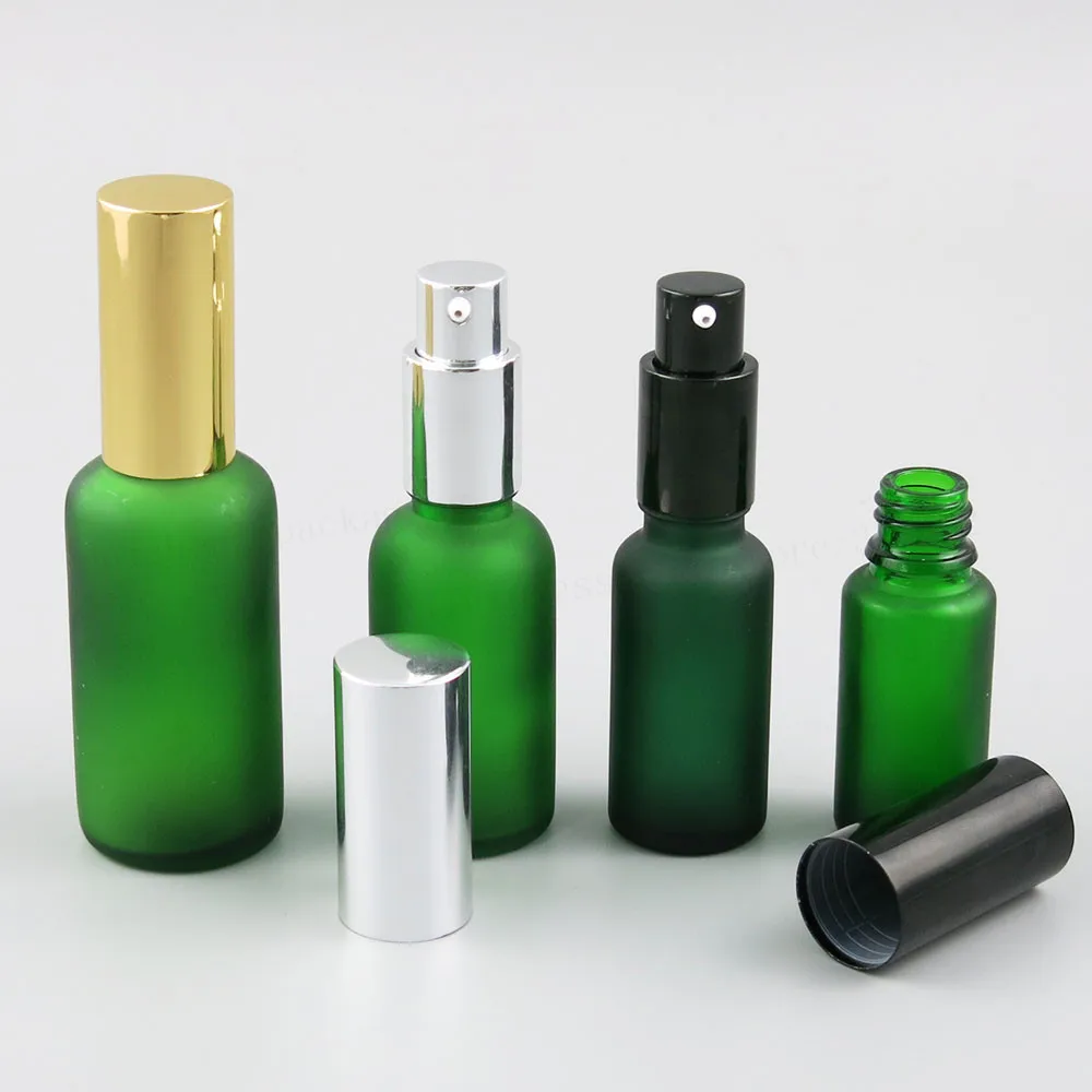 12 x 100ml 50ml 30ml 20ml 15ml 10ml Frost Green lotion Pump Bottle 1oz 1/3oz Green Bottle With Aluminium Pump