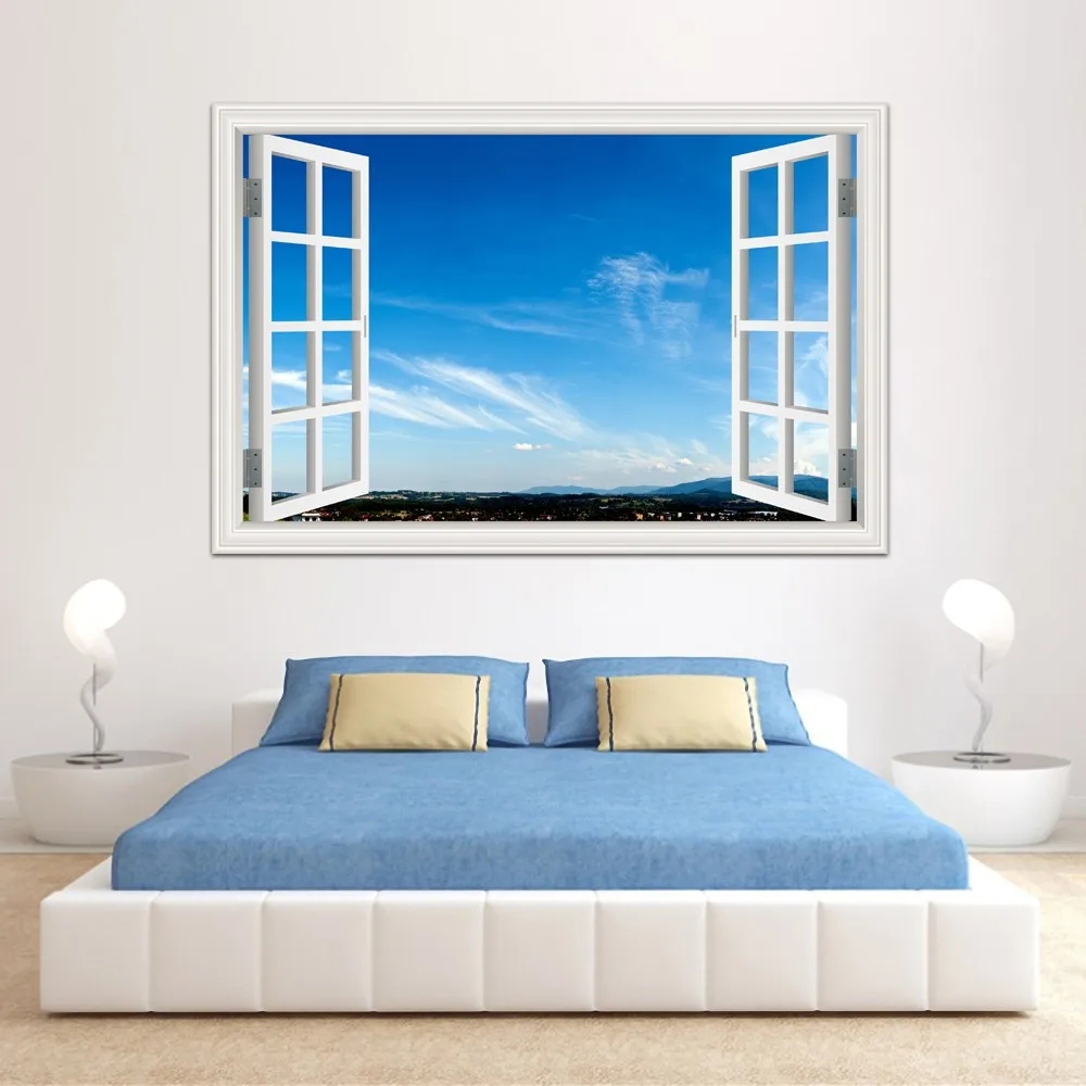 3D Window Scenery Wall Art Stickers, Blue Sky Wallpaper Peel And Stick , Living Room, Office, Hotel Decoration, Vinyl Decal