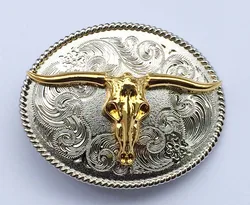 Oval Western Cowboy Belt Buckle Golden&Sliver Texas Longhorns Bull Buckles