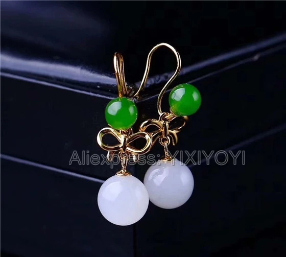 

Beautiful 925 Sterling Silver White Green HeTian Jade Round Beads Dangle Lucky Hook Earring Girl's Charming Gift Fine Jewelry