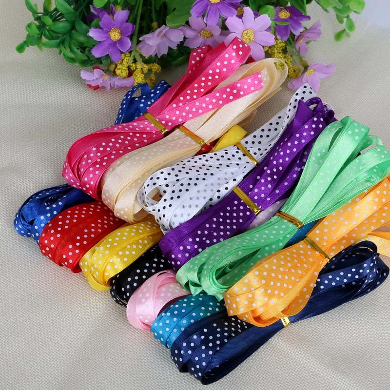 Random Mix 12 yards/lot 10MM Printed Dot Printed Satin Ribbon Single Webbing Headband Hair For DIY Craft Bows Garments Accessory