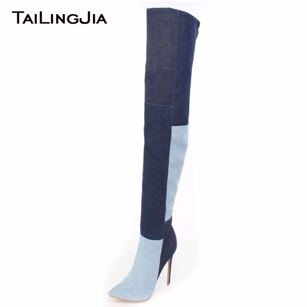 

Woman Mixed Colors Over Knee Boots With Zipper Ladies Long Boots High Heel Denim Fabric Ladies Winter Keep Warm Pointed Toe Boot