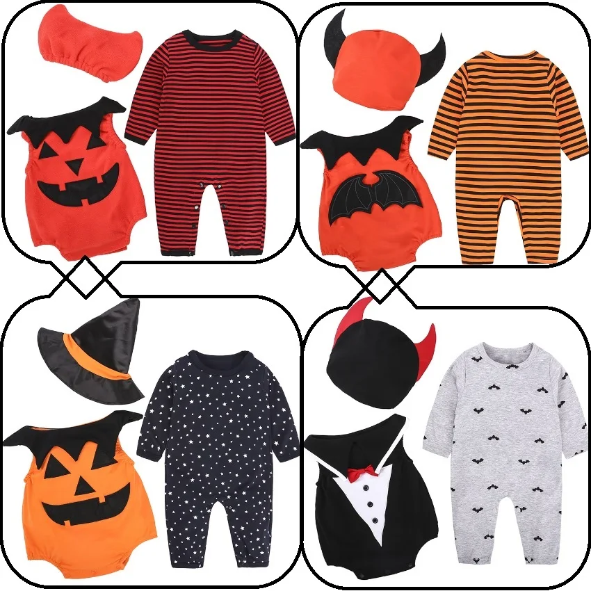 Halloween Baby Boy Clothes Suits Bat Costumes Orange Newborn Rompers Devil Caps Vest Outfit Sets Girls Goblin Demon Jumpsuits