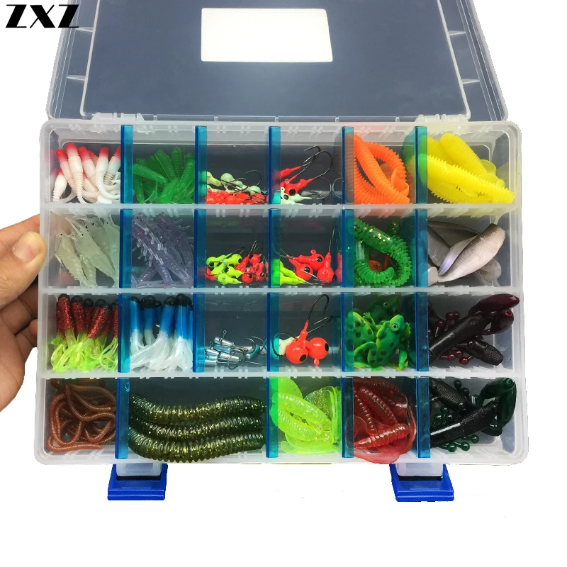 

146Pcs/Box Soft Fishing Lure set Lead Jig Head Hook Grub Worm Soft Fishing Baits Shads Silicone Artificial Bait Fishing Tackle