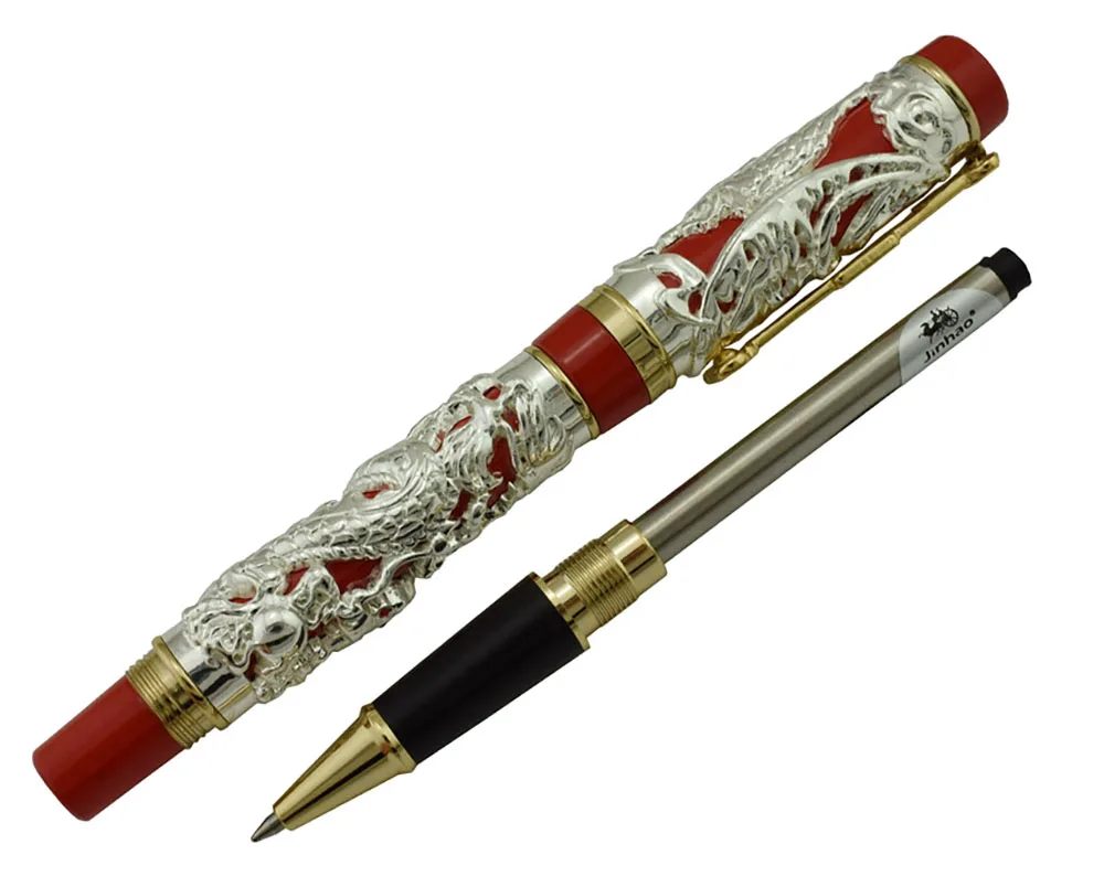 Jinhao Dragon Phoenix Vintage Luxurious Rollerball Pen, Metal Carving Embossing Heavy Pen, Noble Silver & Red for Office School