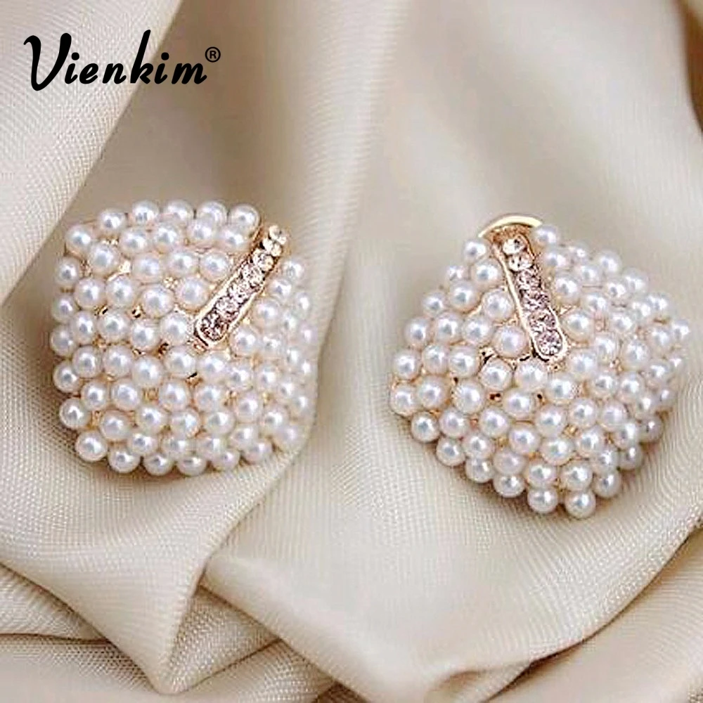 Vienkim 2020 New Fashion Beautiful Rhinestone Earring Square Temperament Type Pearl Stud Earrings for Women Jewelry Earring Gift