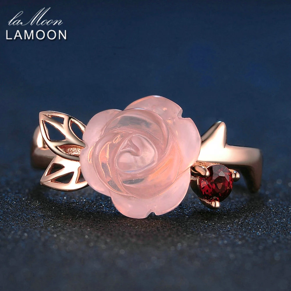 

LAMOON Engagement Rings for Women Rose Flower 100% Natural Pink Romantic Rose Quartz 925 Sterling Silver Fine Jewelry Anel RI025