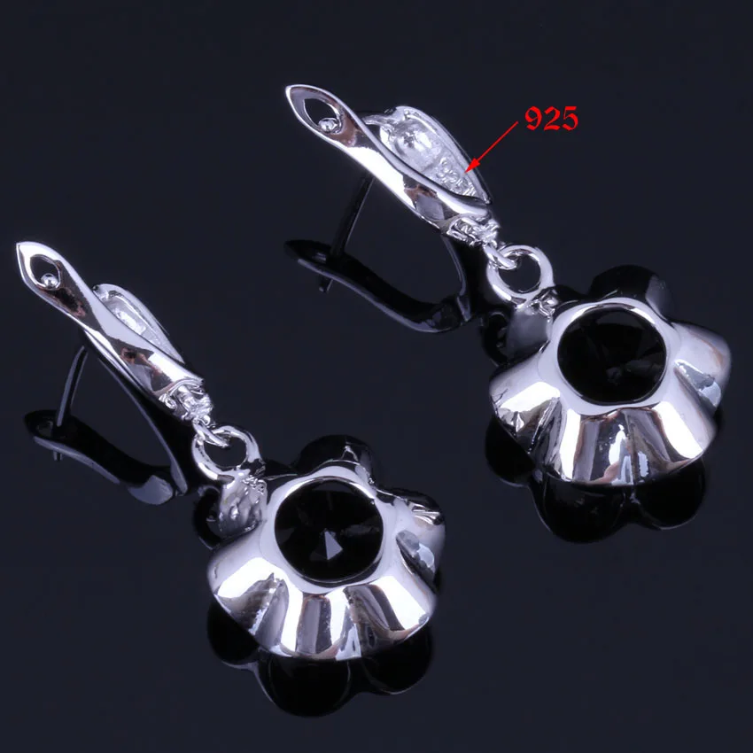 Romantic Round Black Cubic Zirconia Silver Plated Jewelry Sets Earrings Pendant Chain Ring V0982