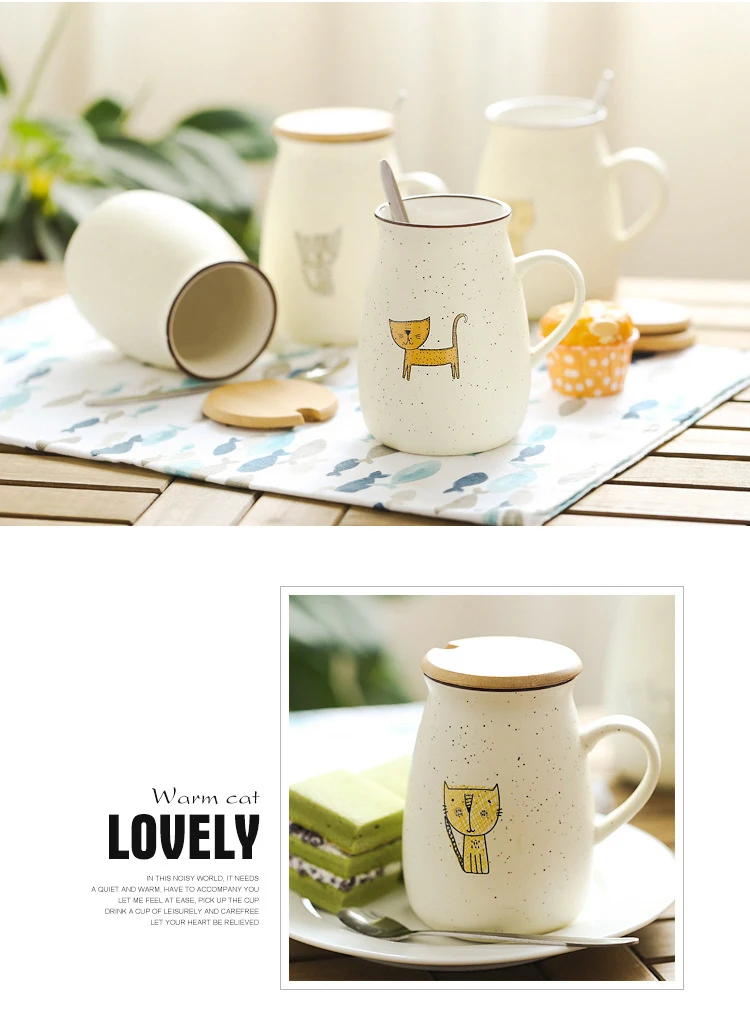 500ml Creative kitten mug,ceramic tea cups mugs with lid spoon,Unique cartoon couple Coffee mugs milk cup wholesale