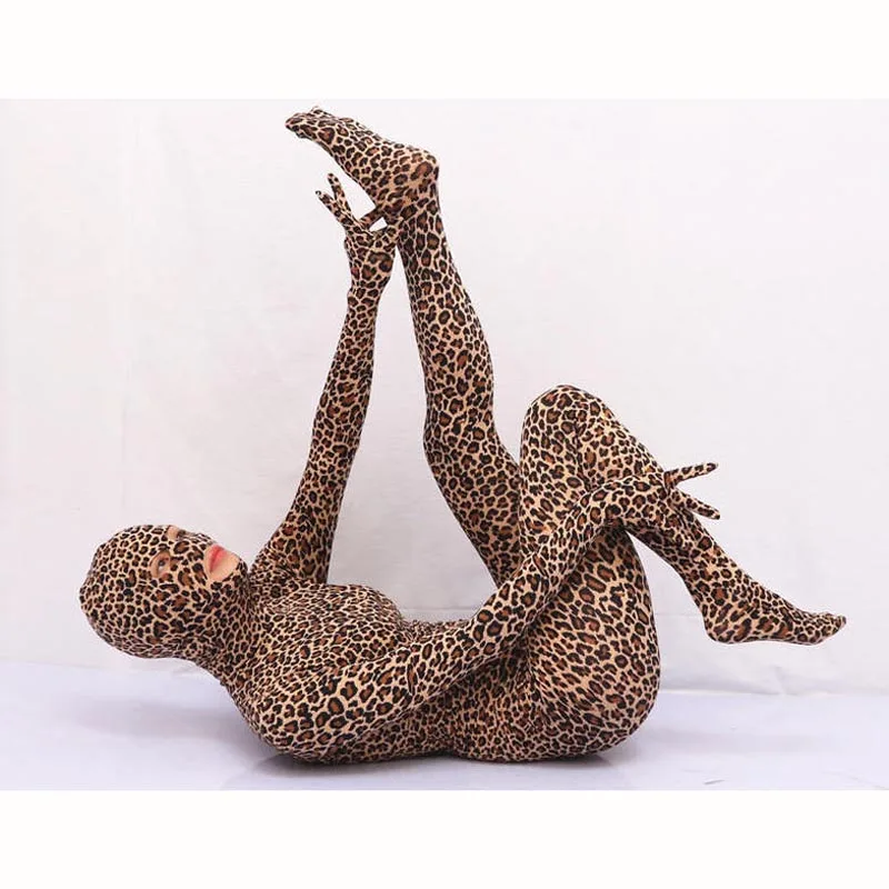 Leopard Print Elastic Full Coat Stage Clothing Cosplay One Piece Tight Zentai Costume Zipper Open Crotch Bodysuit Body Sculpting