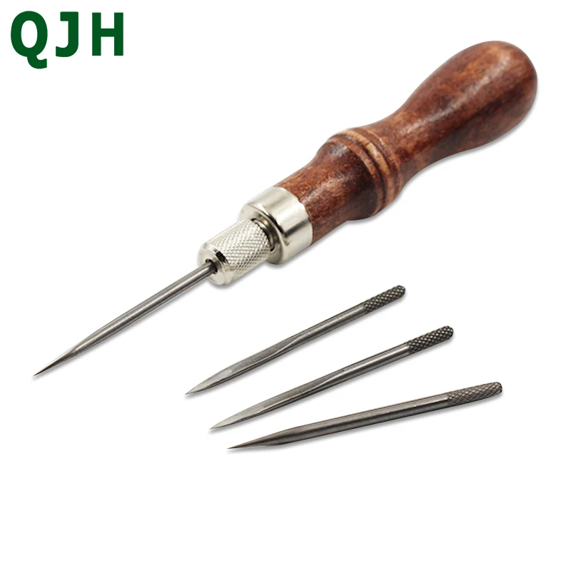 

4 needle-type stitching awl Professional Leather Wood Handle needle Awl Tools For Leather craft Stitching Sewing Accessories