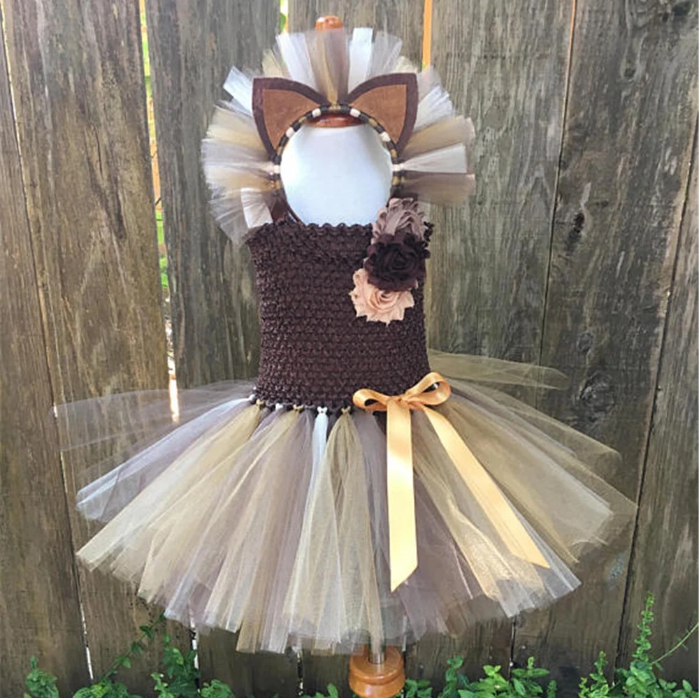 Cute Girls Coffee Lion Tutu Dress Baby Crochet Tulle Dress with Flowers Ribbon bow and Hairbow Kids Party Cosplay Costume Dress